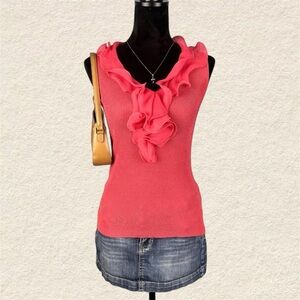 Adrienne Vittadini Salmon Colored Ruffled V Neck Ribbed Women's Tank Top